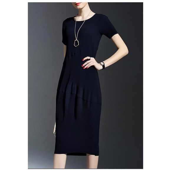 Navy Blue Modest Classic Short Sleeve Sheath Midi Dres - Picture 3 of 7